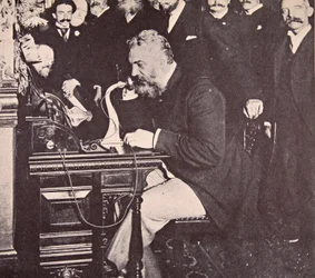 Alexander Graham Bell making the first call between New York and Chicago, 1892